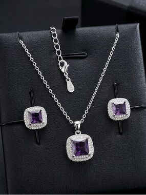 New Luxe S925 Sterling Silver Purple Cushion Halo Necklace & Earring Set